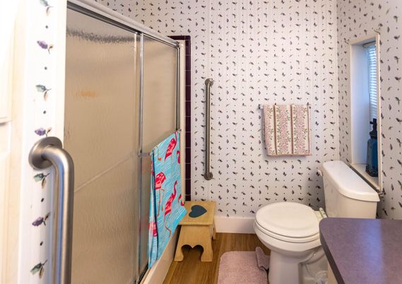 Bathroom, Glass Shower, Interior, Wood Texture Flooring