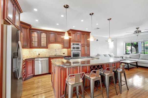 Interior, Kitchen, Living room, Pendant Lights, Recessed Lighting, Stainless Steel Appliances, Wood Texture Flooring