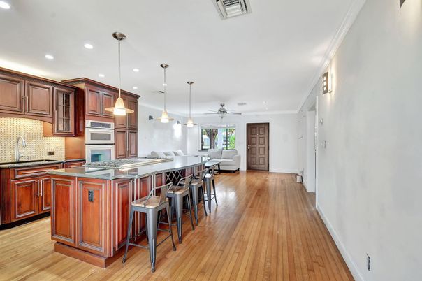 Interior, Kitchen, Pendant Lights, Recessed Lighting, Wood Texture Flooring