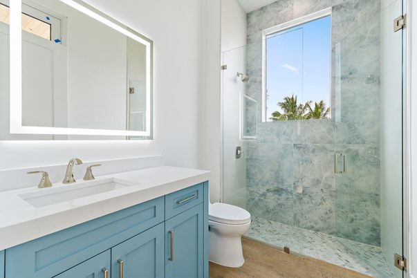 Bathroom, Glass Shower, Interior, Wood Texture Flooring