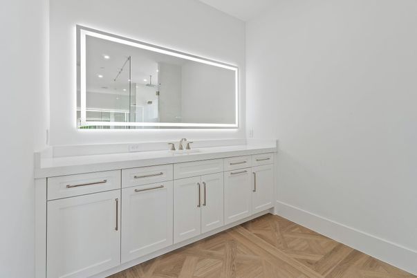 Bathroom, Dual Sink Vanities, Interior, Recessed Lighting, Wood Texture Flooring