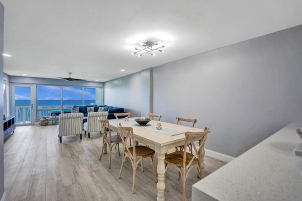 Dining room, Interior, Living room, Recessed Lighting, Water, Wood Texture Flooring