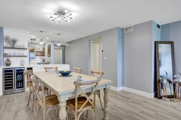 Dining room, Interior, Pendant Lights, Recessed Lighting, Wood Texture Flooring
