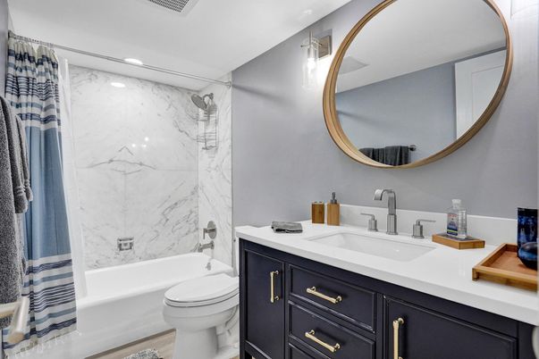 Bathroom, Interior, Marble Walls, Wood Texture Flooring