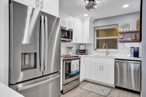 Interior, Kitchen, Recessed Lighting, Stainless Steel Appliances, Wood Texture Flooring