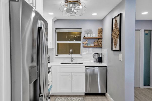 Interior, Kitchen, Recessed Lighting, Stainless Steel Appliances, Wood Texture Flooring