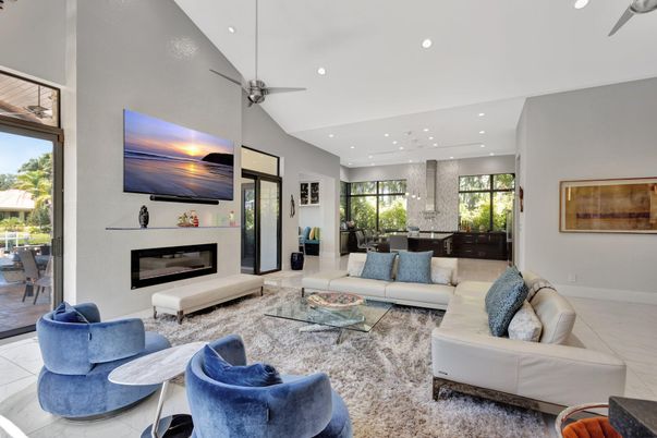 Dining room, Fireplace, Interior, Living room, Pendant Lights, Recessed Lighting