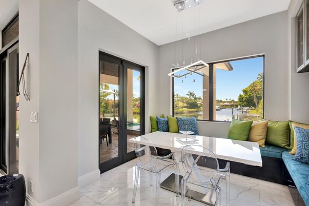 Dining room, Interior, Marble, Pendant Lights, Water