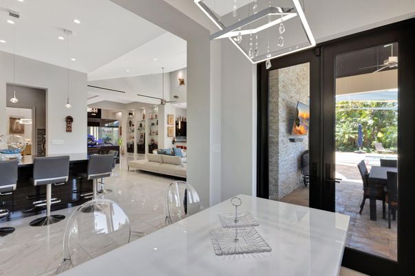 Dining room, Interior, Kitchen, Pendant Lights, Recessed Lighting, Stone Walls