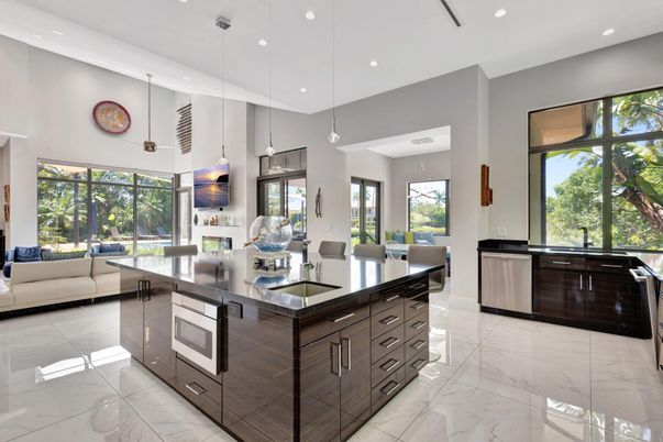 Interior, Kitchen, Marble, Pendant Lights, Recessed Lighting, Stainless Steel Appliances