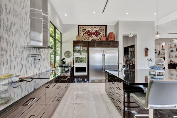 Interior, Kitchen, Marble, Pendant Lights, Recessed Lighting, Stainless Steel Appliances