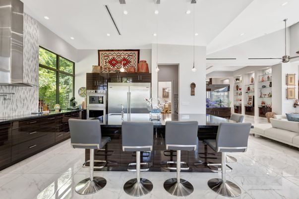 Interior, Kitchen, Marble, Pendant Lights, Recessed Lighting, Stainless Steel Appliances