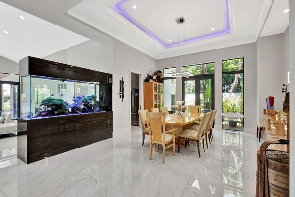 Dining room, Interior, Marble, Pendant Lights, Recessed Lighting