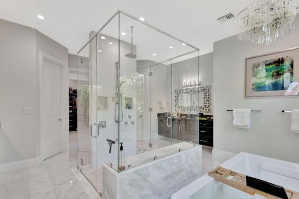 Bathroom, Chandelier, Glass Shower, Interior, Marble, Recessed Lighting