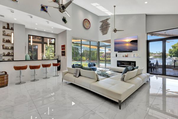Fireplace, Interior, Living room, Marble, Pendant Lights, Recessed Lighting, Water