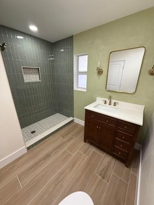 Bathroom, Interior, Recessed Lighting, Wood Texture Flooring