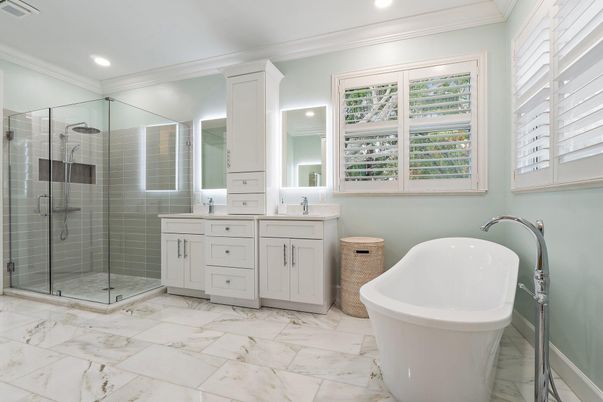 Bathroom, Dual Sink Vanities, Free Standing Baths, Glass Shower, Interior, Marble, Recessed Lighting