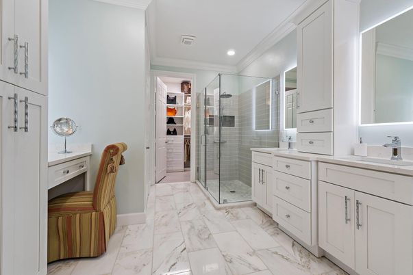 Bathroom, Dual Sink Vanities, Glass Shower, Interior, Marble, Recessed Lighting