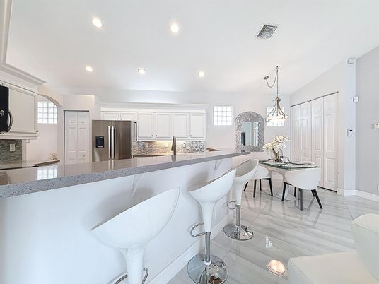 Dining room, Interior, Kitchen, Marble, Pendant Lights, Recessed Lighting, Stainless Steel Appliances