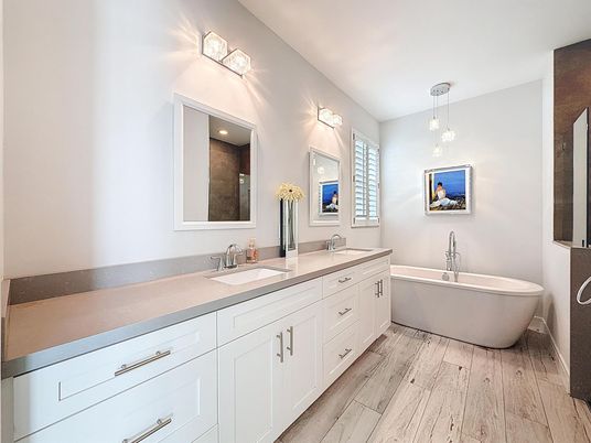 Bathroom, Dual Sink Vanities, Free Standing Baths, Interior, Pendant Lights, Wood Texture Flooring