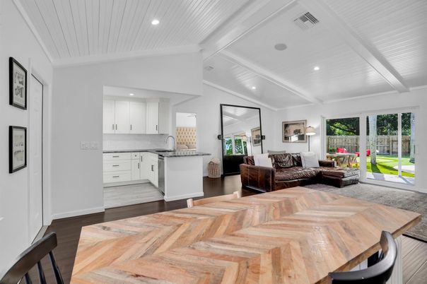 Interior, Kitchen, Living room, Recessed Lighting, Wood Texture Flooring