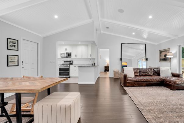 Interior, Kitchen, Living room, Recessed Lighting, Stainless Steel Appliances, Wood Texture Flooring