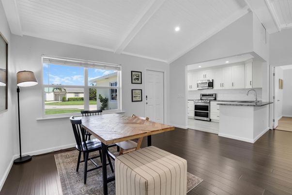 Dining room, Interior, Kitchen, Recessed Lighting, Stainless Steel Appliances, Wood Texture Flooring