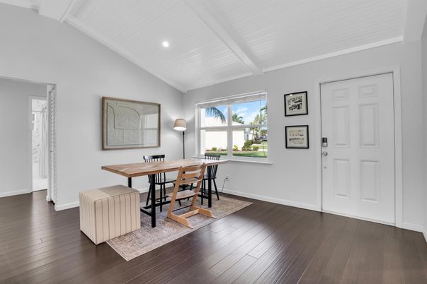 Dining room, Interior, Recessed Lighting, Wood Texture Flooring