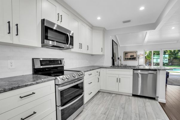 Interior, Kitchen, Recessed Lighting, Stainless Steel Appliances, Wood Texture Flooring