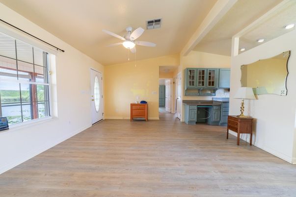 Empty room, Interior, Kitchen, Recessed Lighting, Wood Texture Flooring