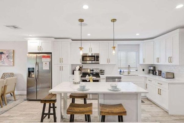 Interior, Kitchen, Pendant Lights, Recessed Lighting, Stainless Steel Appliances, Wood Texture Flooring