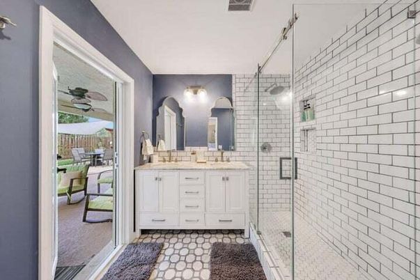 Bathroom, Dual Sink Vanities, Glass Shower, Interior, Stone Walls