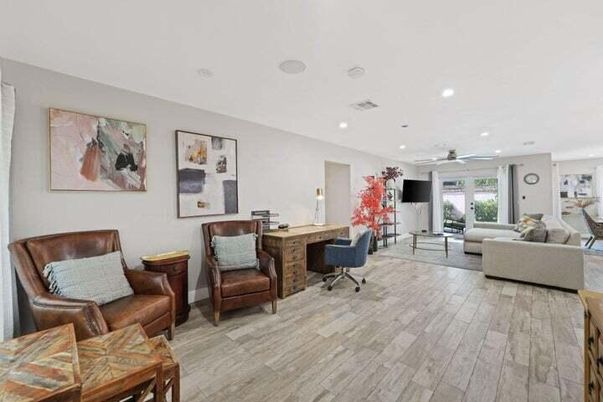 Home Office, Interior, Living room, Recessed Lighting, Wood Texture Flooring
