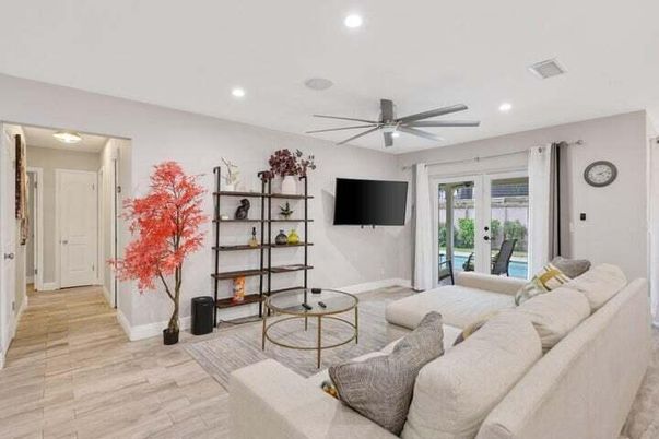 Interior, Living room, Recessed Lighting, Wood Texture Flooring