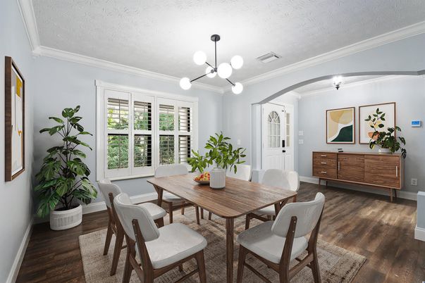 Dining room, Interior, Pendant Lights, Wood Texture Flooring