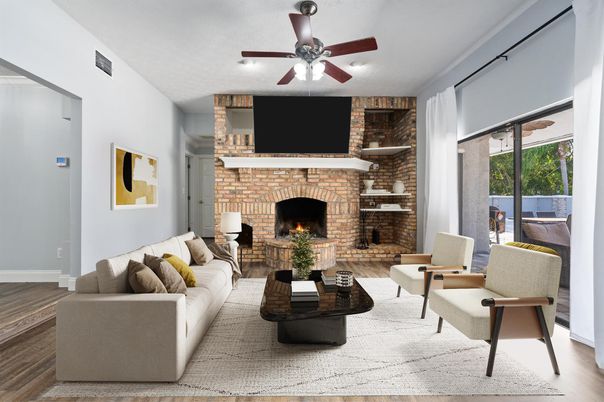 Fireplace, Interior, Living room, Stone Walls, Wood Texture Flooring
