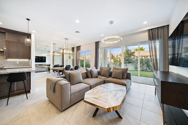 Dining room, Interior, Living room, Marble, Pendant Lights, Recessed Lighting