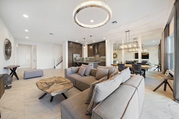 Dining room, Interior, Kitchen, Living room, Marble, Pendant Lights, Recessed Lighting, Stainless Steel Appliances