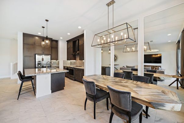 Dining room, Interior, Kitchen, Marble, Pendant Lights, Recessed Lighting, Stainless Steel Appliances