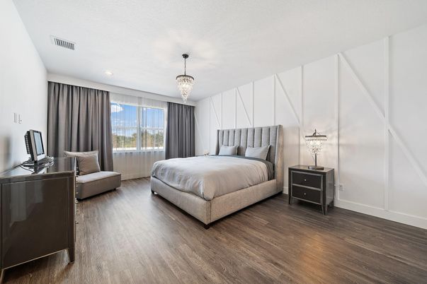 Bedroom, Chandelier, Interior, Recessed Lighting, Wood Texture Flooring