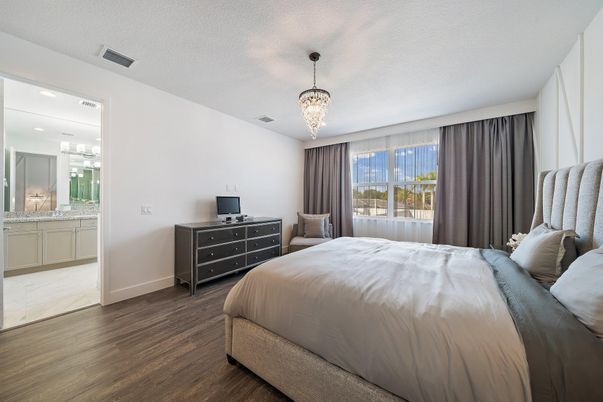 Bedroom, Chandelier, Interior, Recessed Lighting, Wood Texture Flooring
