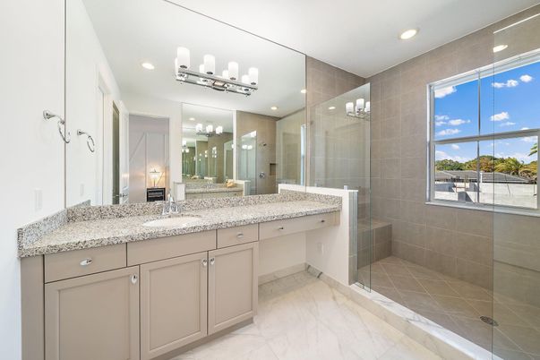Bathroom, Dual Sink Vanities, Glass Shower, Interior, Marble, Recessed Lighting