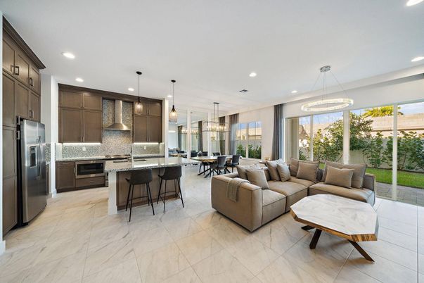 Dining room, Interior, Kitchen, Living room, Marble, Pendant Lights, Recessed Lighting, Stainless Steel Appliances