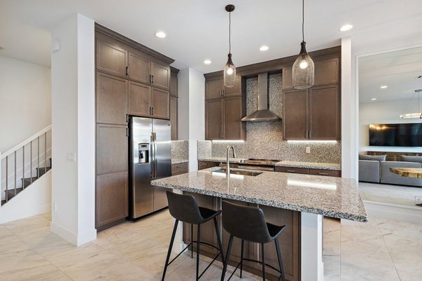 Interior, Kitchen, Marble, Pendant Lights, Recessed Lighting, Stainless Steel Appliances