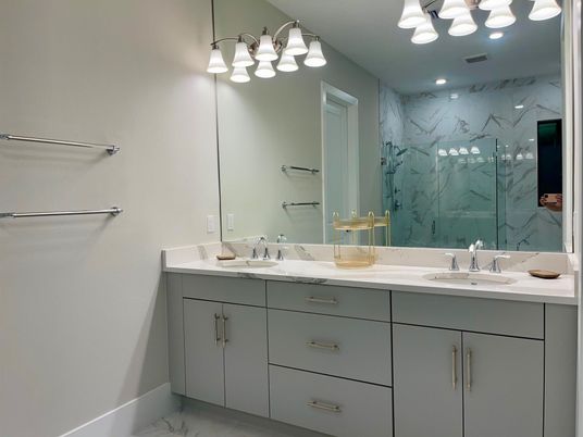 Bathroom, Dual Sink Vanities, Interior, Marble, Marble Walls, Recessed Lighting