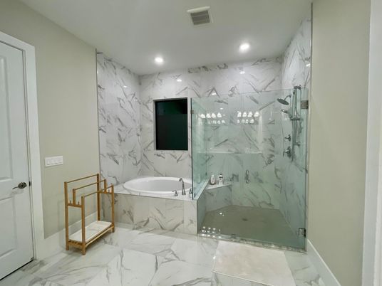 Bathroom, Glass Shower, Interior, Marble, Marble Walls, Recessed Lighting