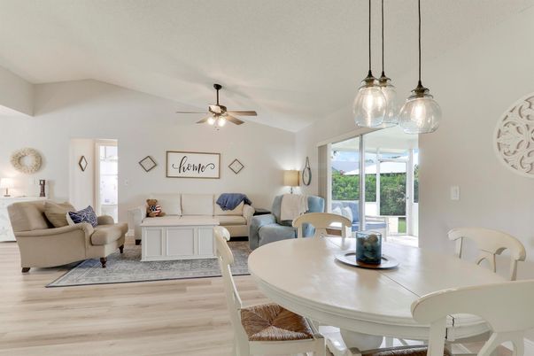 Dining room, Interior, Living room, Pendant Lights, Wood Texture Flooring