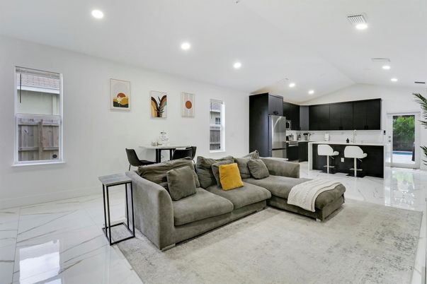 Dining room, Interior, Kitchen, Living room, Marble, Recessed Lighting, Stainless Steel Appliances