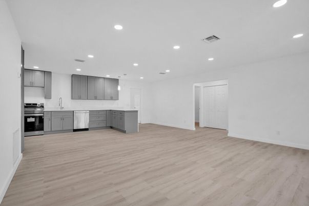 Interior, Kitchen, Recessed Lighting, Stainless Steel Appliances, Wood Texture Flooring