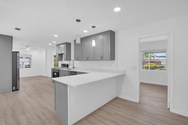 Interior, Kitchen, Pendant Lights, Recessed Lighting, Wood Texture Flooring
